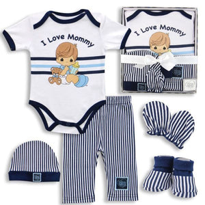 Precious Moments Outfit Baby Boy Clothing I Love Mommy 5-Piece Blue Layette Gift Set 0-3 M - Bodysuit Pants Hat Mitts Booties Baby Shower