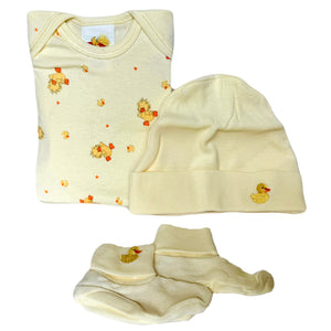 Ensemble de démarrage vintage pour bébé Little Suzy's Zoo 4 pièces, combinaison une pièce, sous-vêtements, chapeau de canard jaune, chaussons, cadeau de fête prénatale 0-3 mois / nouveau-né