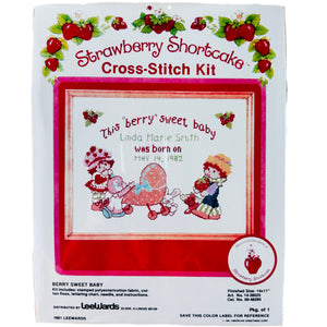 Vintage New Strawberry Shortcake 'Berry Sweet Baby' Counted Cross Stitch Kit 14" x 11" Keepsake Birth Announcement Record Sampler 1981