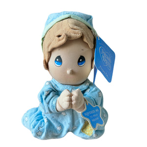 Vintage Talking Precious Moments 9" Baby Boy Plush Prayer Pal Doll Soft Rag Bedtime Praying Toy in Blue Cotton Pajamas Shower Gift