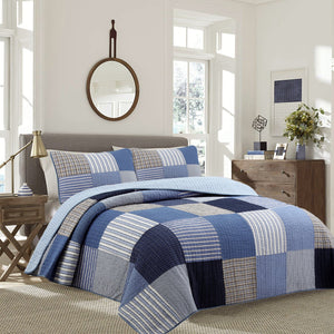 Elegant Cotton Blue White Plaid Classic Real Patchwork Boys Teen Bedding Twin Full/Queen Quilt Set Modern Luxury Coverlet Bedspread