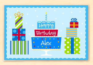 Blue Birthday Cake & Presents Personalized Kids Placemat 18" x 12" with Alphabet - Custom USA