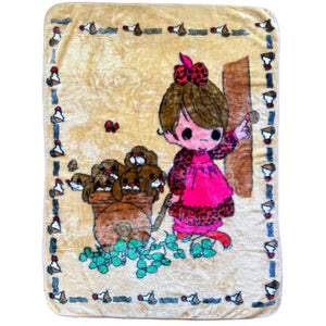 Vintage Rare Precious Moments Baby Crib Toddler Little Girl with Dogs Puppies Blanket Cheerful Giver Luxury Plush Raschel Thick Velvet Velour Minky Throw 44" x 58”