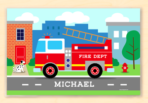 Mantel individual personalizado para niños con diseño de camión de bomberos de 18" x 12" con alfabeto - Custom USA
