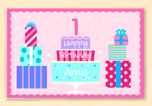Pink Birthday Cake & Presents Personalized Kids Placemat 18" x 12" with Alphabet - Name & Age - Custom USA