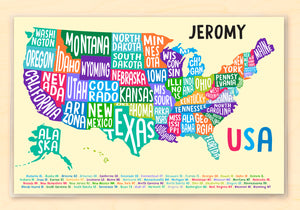 Mantel individual personalizado para niños con mapa de Estados Unidos y nombres de estados, de 18 x 12 pulgadas, con alfabeto - Custom USA