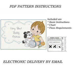 Precious Moments Point de Croix Très Meilleur Copain Garçon avec Chiot Modèle PDF Personnalisé Instructions Wiggles and Giggles Hug'n Cuddle Bugs 2012