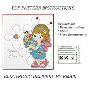 Moments précieux Point de croix Papillon Fille avec des fleurs Bouquets d'amour PDF Modèle Tableau Instructions Wiggles et rires Hug'n Cuddle Bugs 2012