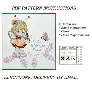 Instructions de modèle PDF Precious Moments Cross Stitch Petite fille en papillon chatouillée pour être votre amie Wiggles and Giggles Hug'n Cuddle Bugs 2012