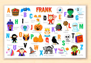Mantel individual personalizado para niños con iconos de Halloween y letras del alfabeto, 18" x 12" con alfabeto - Custom USA