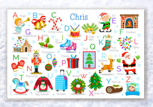 Mantel individual personalizado para niños con iconos navideños y letras del alfabeto, 18" x 12" con alfabeto - Custom USA