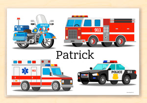 Mantel individual personalizado para niños de 18" x 12" con alfabeto, para primeros auxilios, bomberos, policía y ambulancia de EMT - Custom USA