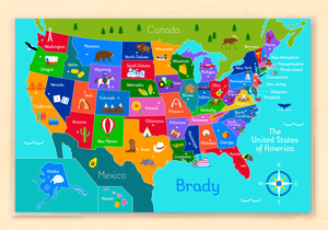 Mapa de Estados Unidos con nombres de estados y símbolos. Mantel individual personalizado para niños de 18" x 12" con alfabeto. Custom USA