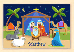 Mantel individual personalizado para niños con escena de la natividad de Navidad, Belén, 18" x 12" con alfabeto - Custom USA