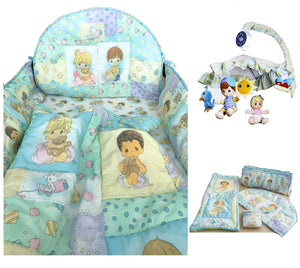 Vintage 5 PC Precious Moments Baby Crib Bedding Set PRECIOUS BABIES With Hearts Toys & Animals Nursery Collection Light Blue Boy Girl Unisex with Musical Mobile
