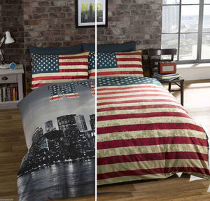 Housse de couette drapeau américain USA / NYC New York Skyline Parure de lit double, complète ou queen size Ensemble de housse de couette patriotique réversible