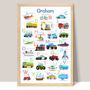 Transport Vehicle Alphabet Personalized Kids Wall Art Print 12" x 18" - Custom Made in USA