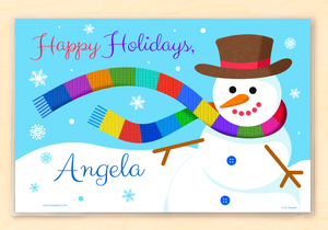 Mantel individual personalizado para niños con diseño de muñeco de nieve ventoso, de invierno y Navidad, de 18" x 12" con alfabeto - Custom USA