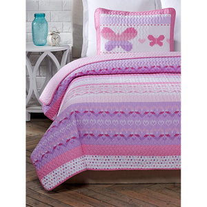 Luxury Cotton Pink Butterflies & Hearts Girl Bedding Twin Full/Queen Quilt Set Knit Print Polka Dot Coverlet Beadspread