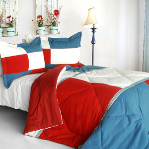 Blue Red White with Floral Ribbon Modern Geometric Patchwork Teen Bedding King Comforter Set