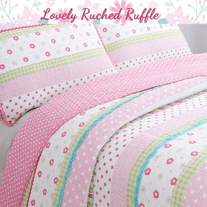 Luxury Cotton Shabby Chic Pink Green Stripes & Flowers Polka Dot Girl Bedding Twin Full/Queen Quilt Set Coverlet Bedspread