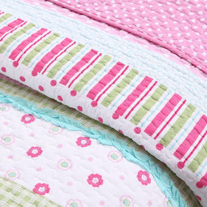 Luxury Cotton Shabby Chic Pink Green Stripes & Flowers Polka Dot Girl Bedding Twin Full/Queen Quilt Set Coverlet Bedspread