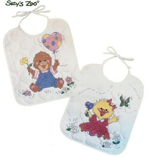 Kit de broderie au point de croix estampé du zoo de Suzy, ensemble de 2 bavoirs pour bébé souvenir ou instructions sur le tableau des motifs PDF, animaux vintage Janlynn Duck & Marmot 1995