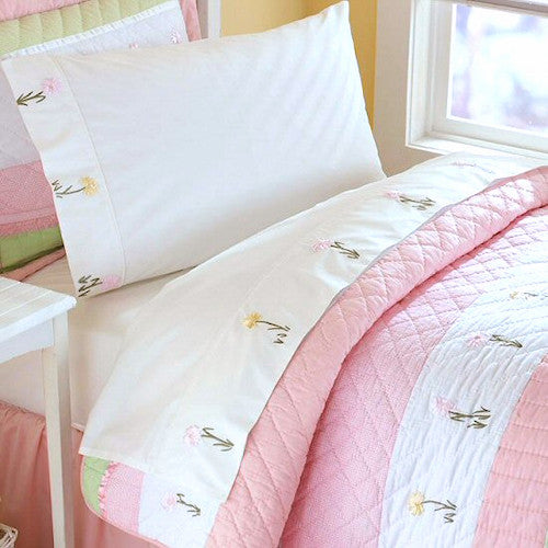 Floral Ribbons & Embroidery White Cotton Twin Bed Sheet Set for Girls –