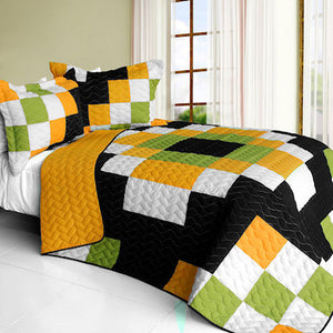 Black White Green Orange Pixel Teen Boy Bedding Full/Queen Quilt Set Modern Geometric Bedspread