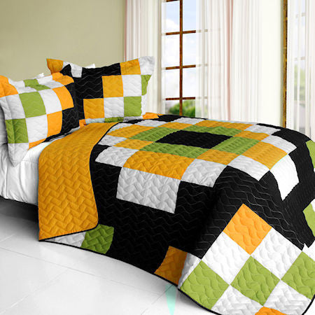 Black White Green Orange Pixel Eye Teen Boy Bedding Full/Queen Quilt Set Modern Geometric Bedspread