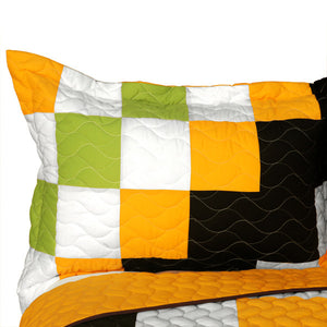 Black White Green Orange Pixel Teen Boy Bedding Full/Queen Quilt Set - Pillow Sham