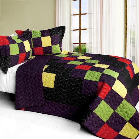 Purple Black Green Red Modern Teen Bedding Full/Queen Quilt Set Patchwork  Geometric Bedspread