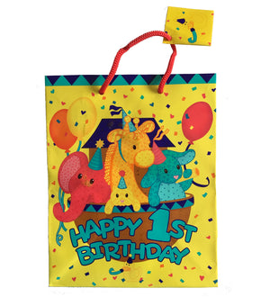 Happy 1st Birthday Ark Medium Yellow Party Gift Bag with Tag