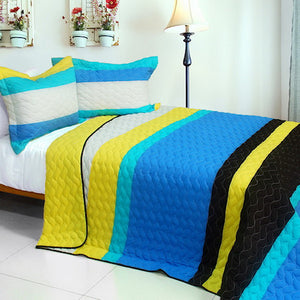 Ocean Blue White Black & Yellow Striped Bedding Full/Queen Quilt Set Modern Bedspread