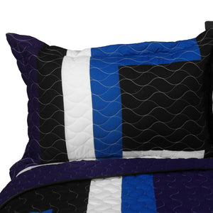 Black Blue White Geometric Teen Boy Bedding Full/Queen Quilt Set Elegant Striped Bedspread