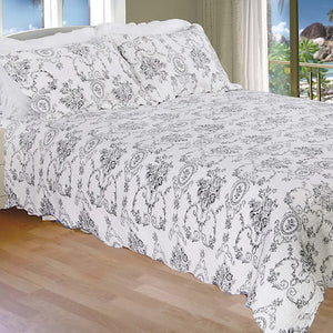 Romantic Black & White Bedding 3pc Full / Queen Quilt Set Elegant French Rose Scroll for Girls