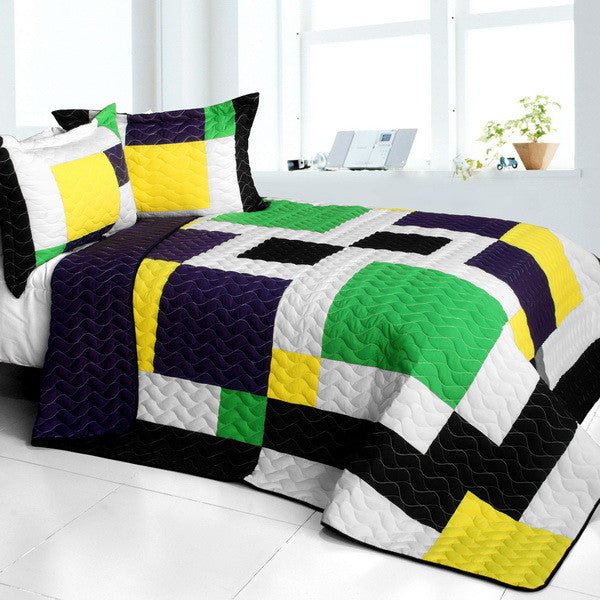 Black White Green Yellow Geometric Square Teen Bedding Full/Queen Quilt Set Patchwork Bedspread