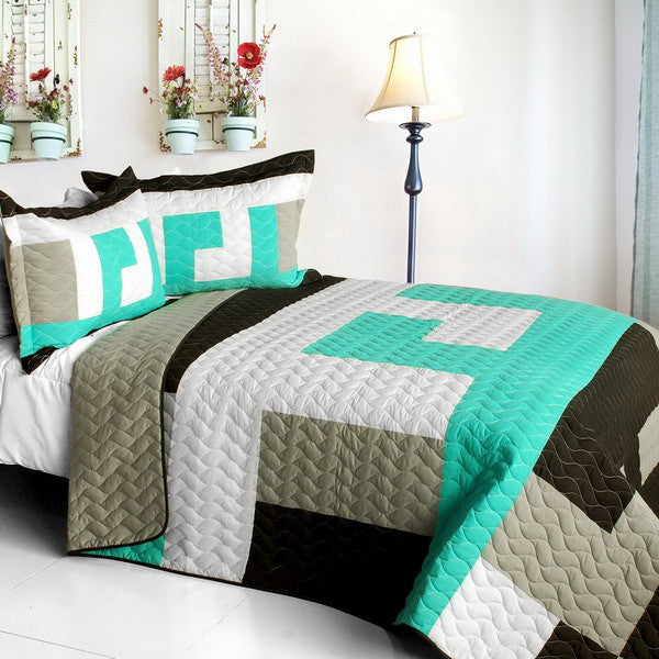 Black White Grey Green Geometric Teen Boy Bedding Full/Queen Quilt Set  Bedspread