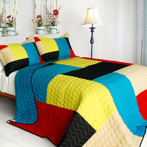 Red Blue Yellow Patchwork Teen Boy Bedding Full/Queen Quilt Set Oversized Bedspread