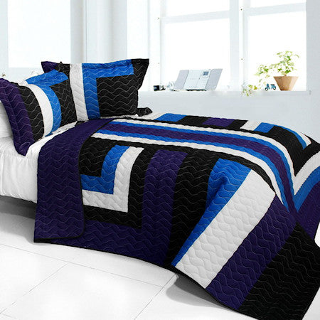 Modern Blue Black Purple White Striped Geometric Teen Boy Bedding Full/Queen Quilt Set Elegant Quilted Bedspread