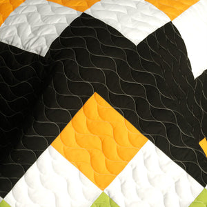 Black White Green Orange Pixel Teen Boy Bedding Full/Queen Quilt Set - Detail
