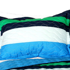 Blue Green & Navy Striped Teen Bedding Full/Queen Quilt Set - Pillow Sham