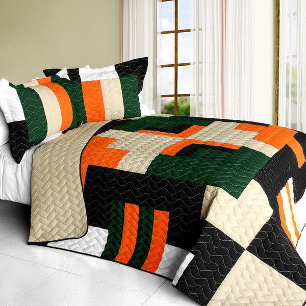Black Tan Orange & Green Geometric Teen Bedding Full/Queen Quilt Set Patchwork Bedspread