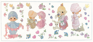 Vintage Precious Moments Little Girls Wall Decals Stickers 10" x 18" 4 Sheets Peel & Stick Tea Time Bunny Butterflies & Hearts