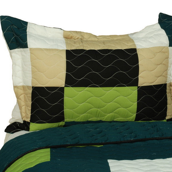 Black Green White Tan Teen Boy Bedding Full/Queen Quilt Set Geometric  Bedspread