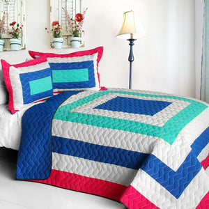 Blue Green White & Hot Pink Teen Girl Bedding Full/Queen Geometric Quilt Set Bedspread