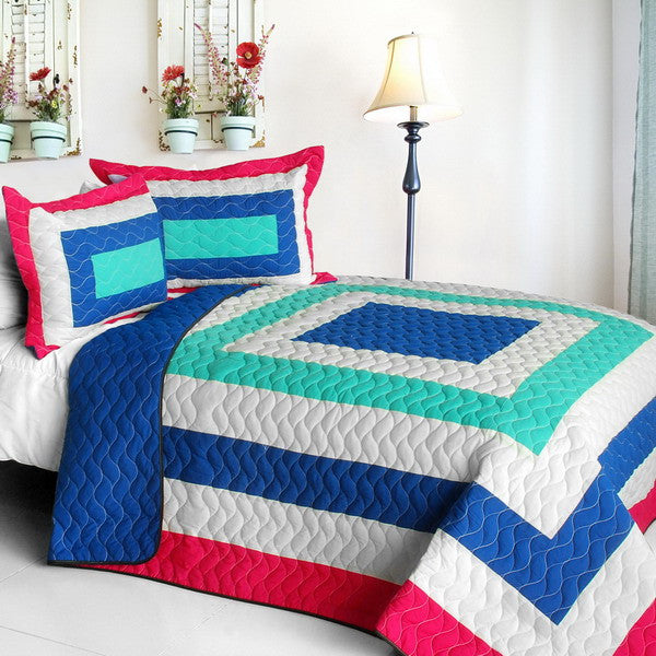 Blue White Turquoise & Hot Pink Geometric Teen Bedding Full/Queen Quilt Set Modern Bedspread