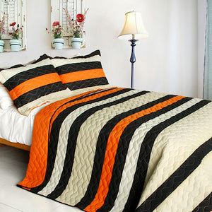 Black Orange Tan Striped Teen Boy Bedding Full/Queen Quilt Set Modern Bedspread