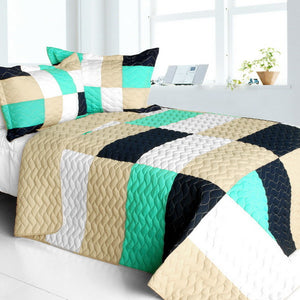 Black White Cream & Green Geometric Teen Bedding Full/Queen Quilt Set Elegant Patchwork Bedspread