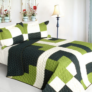 Green White Geometric Crisscross Teen Boy Bedding Full/Queen Quilt Set 
